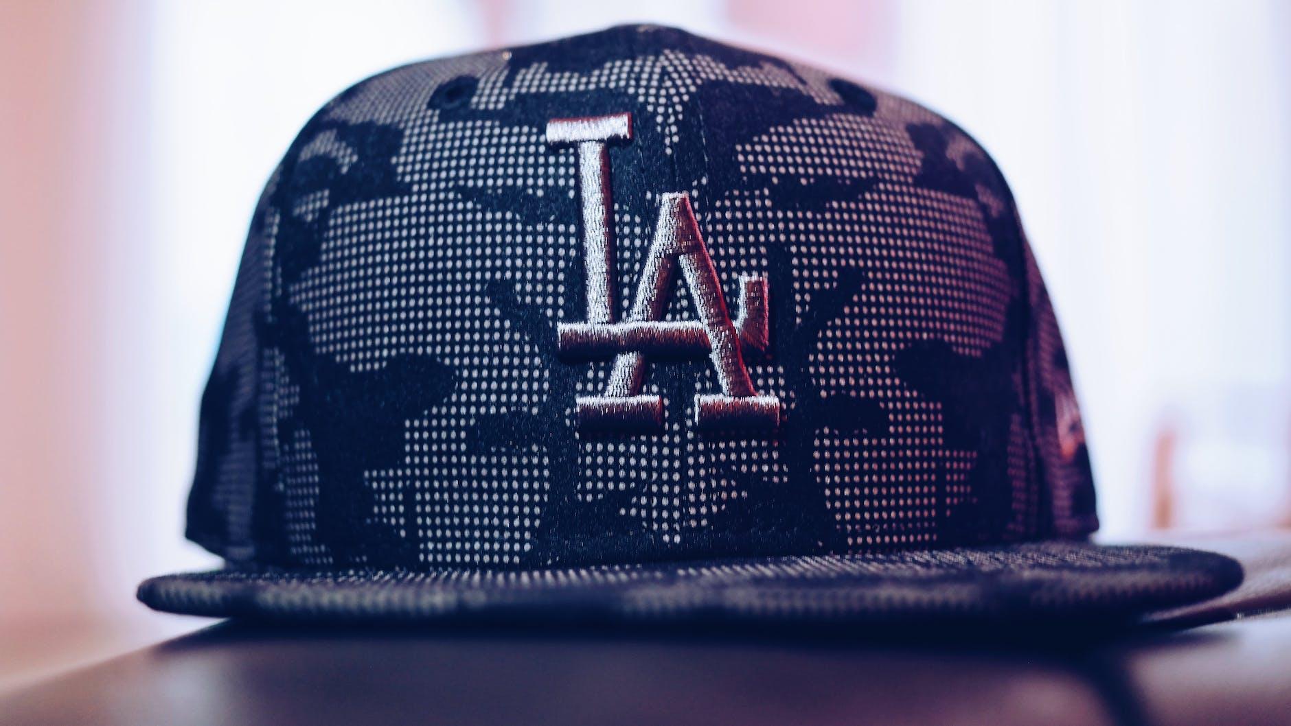 gray and black la embroidered fitted cap